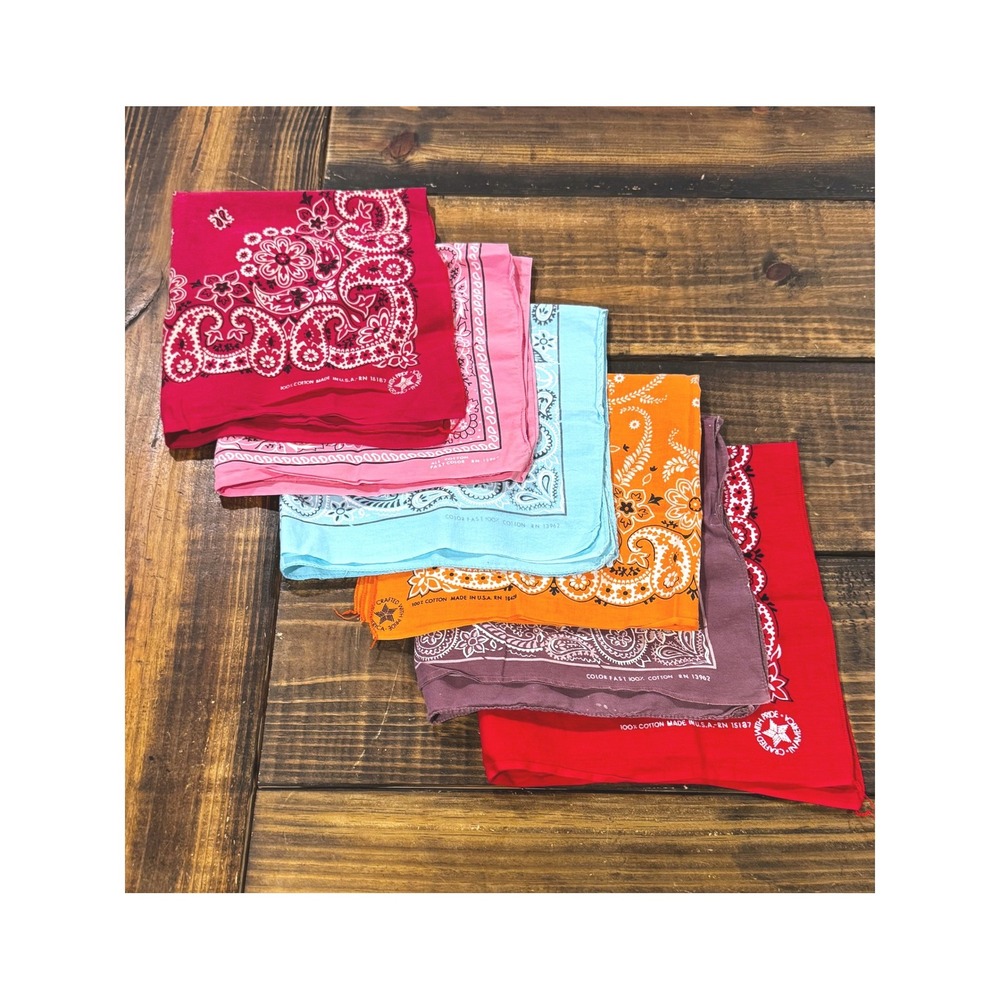 Vintage Bandana Set Multicolor Paisley Cotton Made in USA RN13962 RN15187 6pc